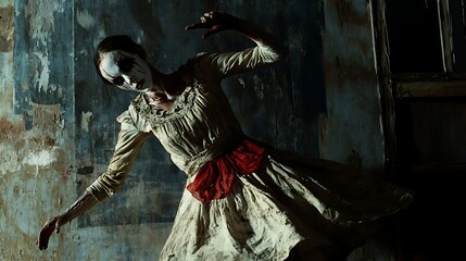 Spooky girl, reaching, old house, distressed walls