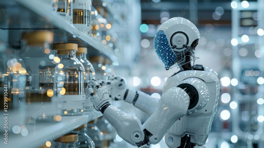 Poster A robotic assistant is carefully examining laboratory glassware on a shelf in a well lit research facility bustling with activity and advanced technology.
