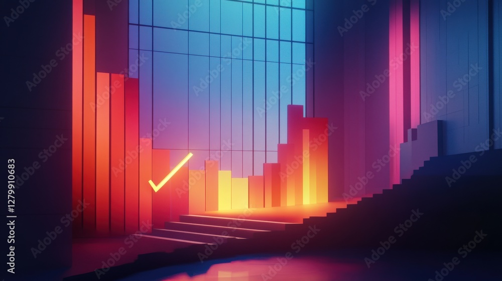 Aufkleber abstract digital art depicting vibrant bars of color in a futuristic setting with glowing elements