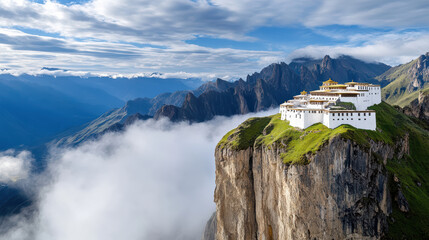 serene monastery atop hill, surrounded by majestic mountains and clouds