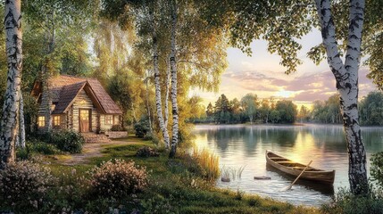 Lakeside cabin at sunset, peaceful scene with birch trees and canoe.