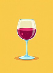 Stylized wine glass with red wine on yellow background