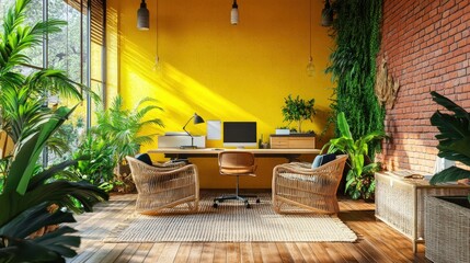 Tropical Yellow Office with Green Plants
