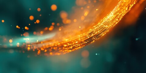Macro photography, fiber optic cables, glowing orange light, teal background, abstract technology, futuristic communication, intricate