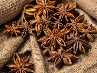 A pile of star anise resting on a natural burlap fabric.