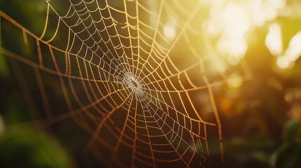 close up view of delicate spider web glistening in sunlight, showcasing intricate patterns and textures. warm light creates serene and enchanting atmosphere