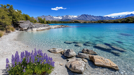 serene shot of Lake Tekapo with bright turquoise waters and mountains