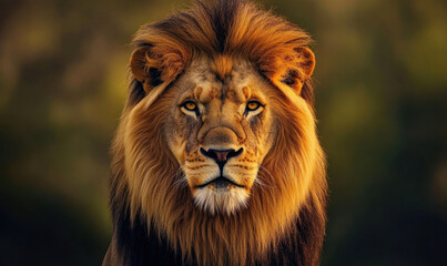 Fototapeta premium Majestic lion with thick mane, showcasing strength and beauty in nature. powerful gaze and rich colors highlight wild essence of this magnificent creature