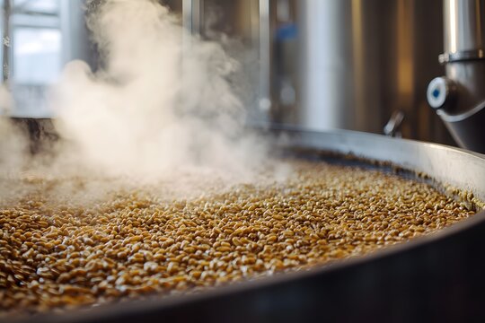Steaming grains in brewery mash tun