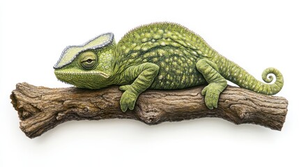 Fototapeta premium Green Chameleon On Brown Branch Against White Background