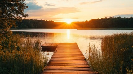 Serene Sunset over Lakeside Wooden Dock