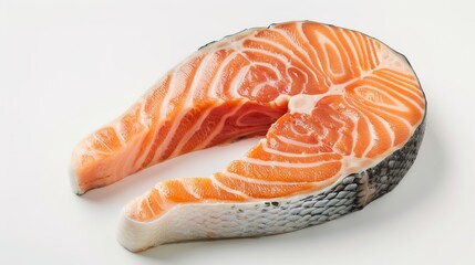Fresh and appetizing raw salmon steaks presented isolated on a clean white background with full depth of field. The high - quality and visually appealing raw salmon pieces are perfect for food 