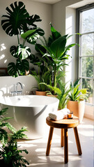 Fototapeta premium Lots of homemade potted flowers with bathroom