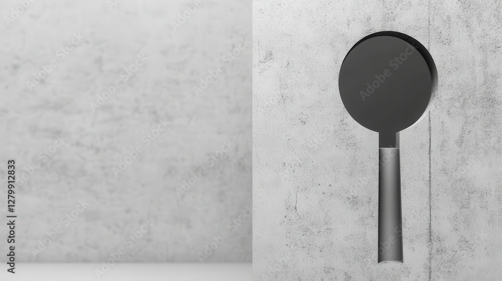 Poster minimalist design featuring a circular black object against a textured concrete wall in a modern spa