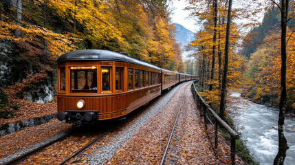 Fototapeta premium vintage style luxury train traveling through autumn landscape