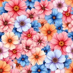 Vibrant floral pattern with pink, blue, and orange cosmos