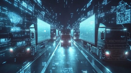 Fototapeta premium Digital trucking convoy, data highway, futuristic logistics