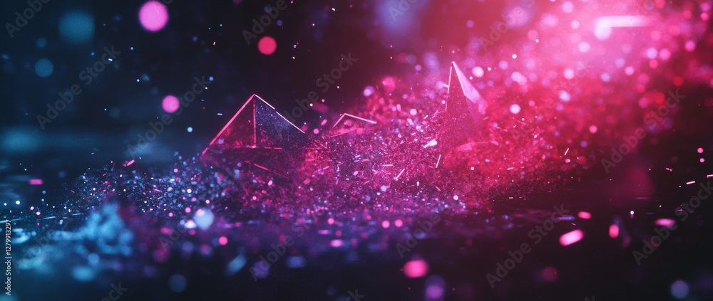 Poster colorful reflections of light and droplets around a pyramid shape in a dark environment