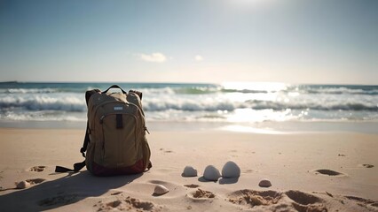 A close-up of a backpack resting on the sandy beach.