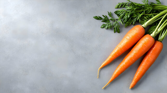 Fresh carrots with greens on grey background; food photography, recipe blog