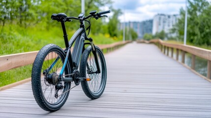 Fototapeta premium Modern Electric Bicycle on Scenic Wooden Pathway in Nature