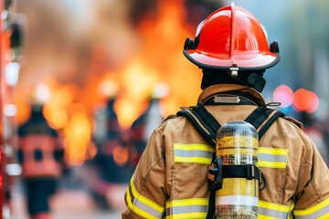 Back of Firefighter in protective gear standing in front of burning building with blurred background