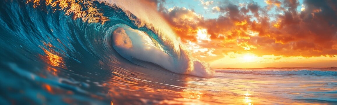 Massive ocean waves curling up during sunset, perfect surfing background, vibrant colors, golden hour lighting, dynamic composition, photorealistic style with rich details.
