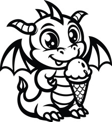 A cute Baby dragon eating a ice cream silhouette and line art vector illustration design, Baby dragon eating a ice cream vector icon