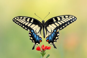 A vibrant swallowtail butterfly perched on a red flower against a soft green background.