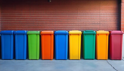 Colorful recycling bins, brick wall