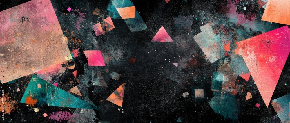 Poster abstract composition featuring geometric shapes with soft gradients and contrasting colors on a text