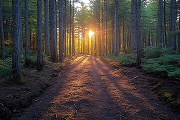 Obraz premium Forest in the morning in a fog in the sun, trees in a haze of light, glowing fog among the trees