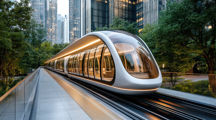 Obraz premium Futuristic public transport with magnetic levitation in city setting