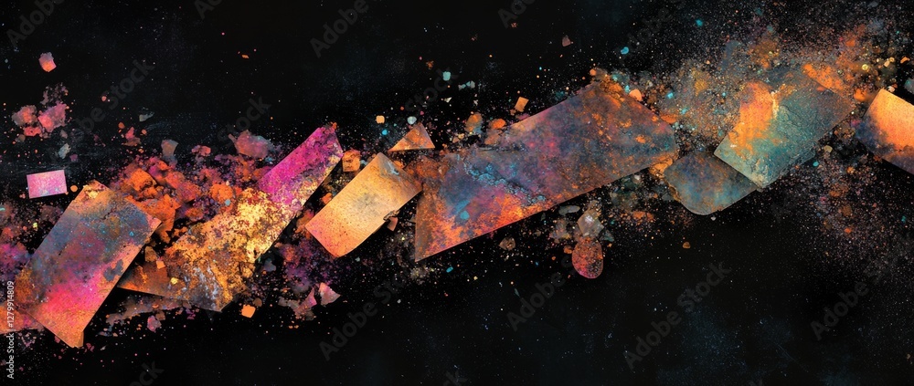Aufkleber colorful geometric shapes scattered across a dark background create an abstract visual effect at nig