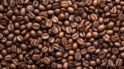 Fototapeta premium Rich coffee beans spread across surface, showcasing their deep brown hues and unique textures. This overhead shot captures essence of freshly roasted coffee