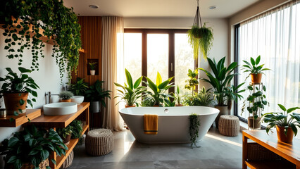 Lots of homemade potted flowers with bathroom