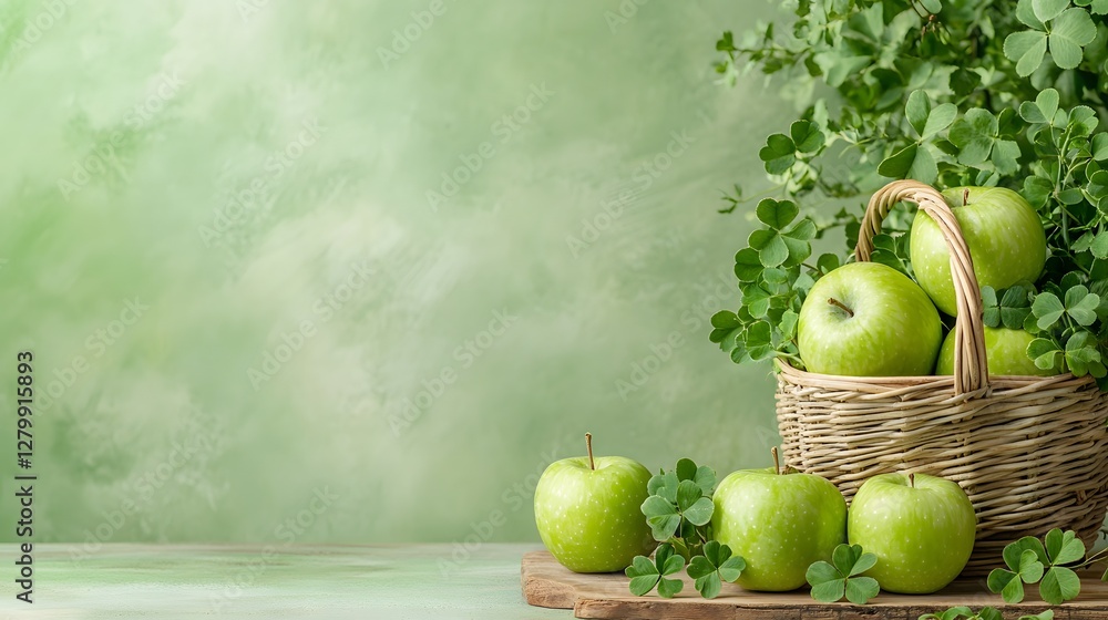 Poster basket filled with fresh green apples and clovers sitting on a rustic wooden table with a clean back
