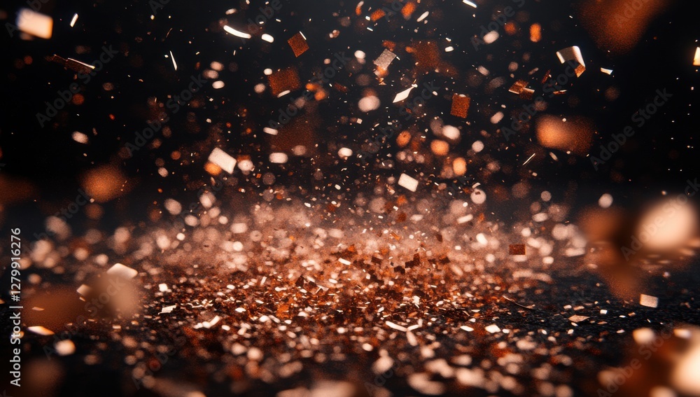 Poster dynamic close-up of shimmering copper particles floating in space with dramatic lighting and bokeh b