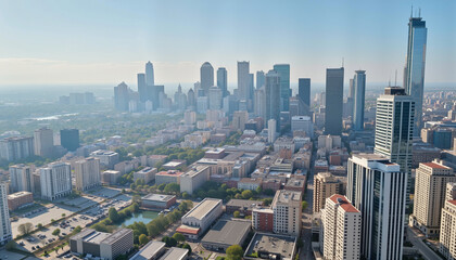 Fototapeta premium Aerial view of Dallas skyline under clear blue sky, urban landscape