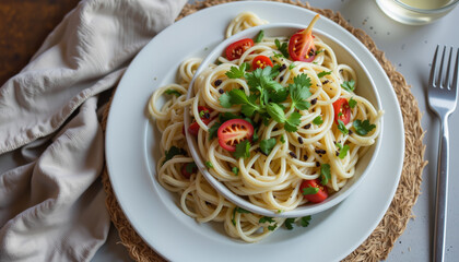 Delicious spaghetti with fresh tomatoes and herbs, culinary delight