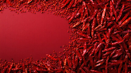 Naklejka premium Dried red chili peppers scattered on vibrant red background create striking visual. rich color and texture evoke sense of warmth and spice, perfect for culinary themes