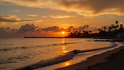 Golden sunset over calm ocean waves, serene beauty