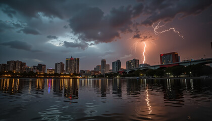Fototapeta premium Dramatic lightning striking over city skyline, nature's power