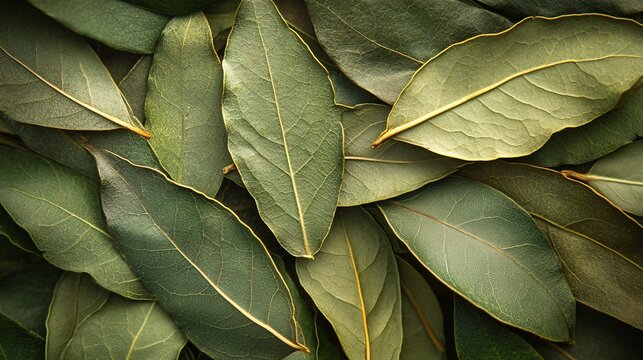 A close up image of various green bay leaves