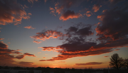 Obraz premium Stunning sunset with vibrant clouds over cityscape, serene beauty