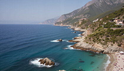 Scenic coastal view with clear blue waters and rocky shoreline, nature beauty