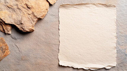Blank textured paper on stone surface, surrounded by natural rocks, creates rustic and earthy feel. This composition is perfect for artistic or creative projects