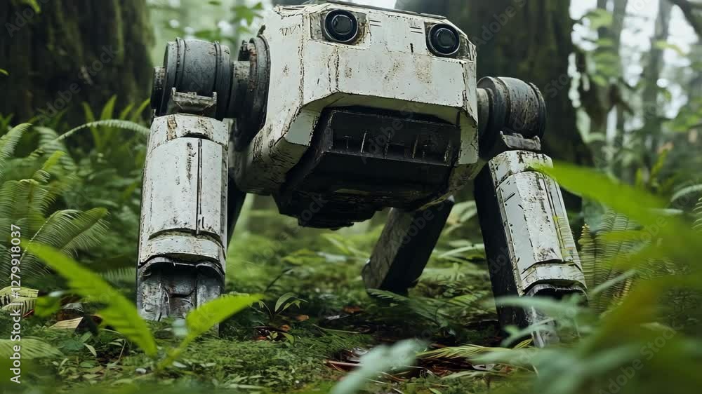 Poster robot dog exploring a lush forest environment in a tranquil natural setting with abundant greenery a