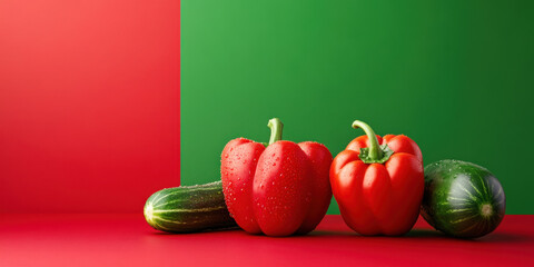 Fresh vegetables including red bell peppers and cucumbers on vibrant background create colorful and appetizing display. contrast enhances freshness and appeal of produce