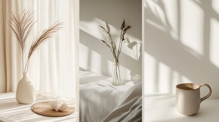 Minimalist Interior Still Life Composition Featuring Vases, Dry Grass, and a Ceramic Mug